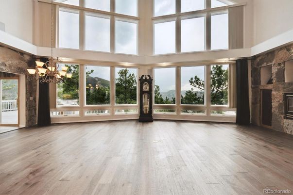 Chandelier, Empty room, Interior, Sun Room, Wood Texture Flooring
