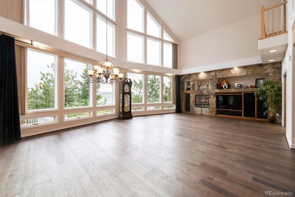 Chandelier, Interior, Stone Walls, Wood Texture Flooring