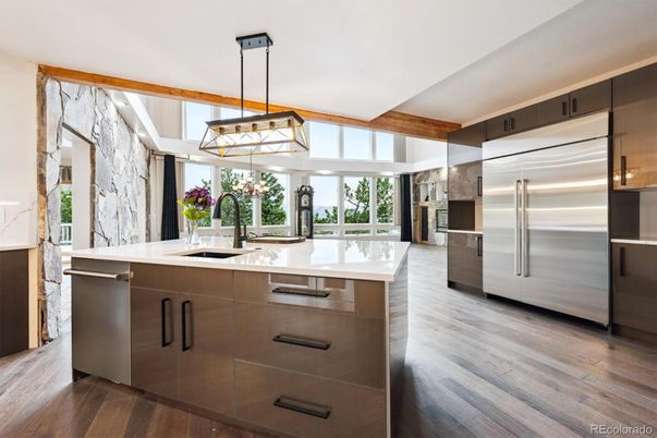 Interior, Kitchen, Pendant Lights, Stainless Steel Appliances, Wooden Beams, Wood Texture Flooring