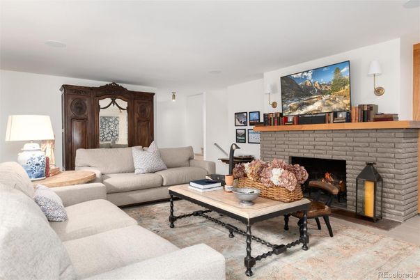 Fireplace, Interior, Living room, Stone Walls, Wood Texture Flooring