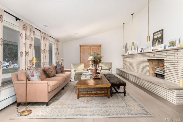 Fireplace, Interior, Living room, Pendant Lights, Stone Walls