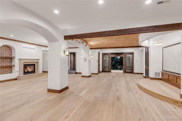 Empty room, Fireplace, Interior, Recessed Lighting, Wood Texture Flooring