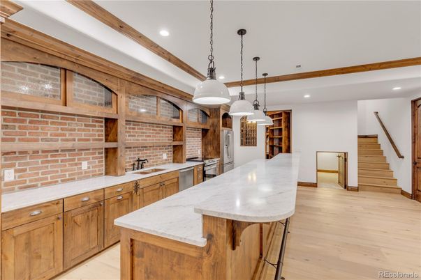 Interior, Kitchen, Pendant Lights, Recessed Lighting, Stone Walls, Wood Texture Flooring
