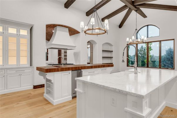 Chandelier, Interior, Kitchen, Pendant Lights, Wooden Beams, Wood Texture Flooring