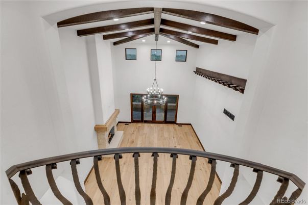 Chandelier, Interior, Pendant Lights, Recessed Lighting, Wooden Beams, Wood Texture Flooring