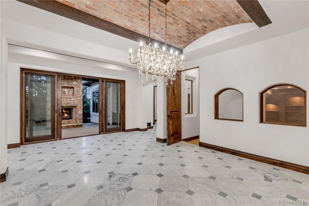 Chandelier, Empty room, Fireplace, Interior, Marble, Stone Walls, Wooden Beams