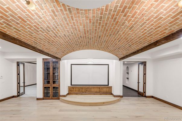 Empty room, Interior, Projection Screen, Stone Walls, Wood Texture Flooring