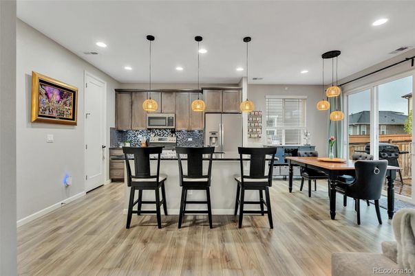 Dining room, Interior, Kitchen, Pendant Lights, Recessed Lighting, Wood Texture Flooring
