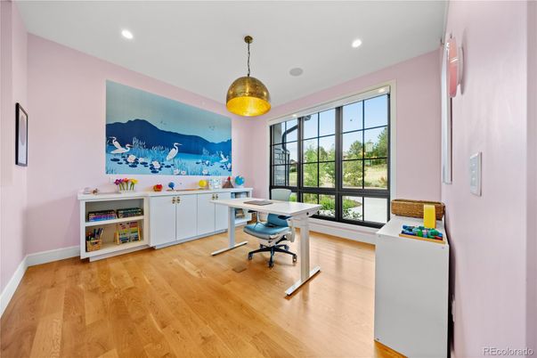 Home Office, Interior, Pendant Lights, Recessed Lighting, Wood Texture Flooring