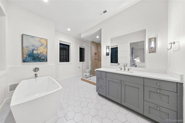 Bathroom, Dual Sink Vanities, Free Standing Baths, Glass Shower, Interior, Recessed Lighting