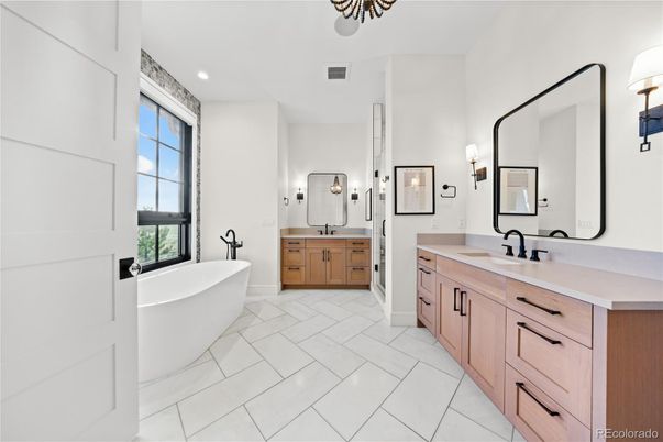 Bathroom, Dual Sink Vanities, Free Standing Baths, Interior, Recessed Lighting