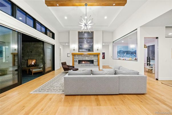 Fireplace, Interior, Living room, Pendant Lights, Recessed Lighting, Wood Texture Flooring