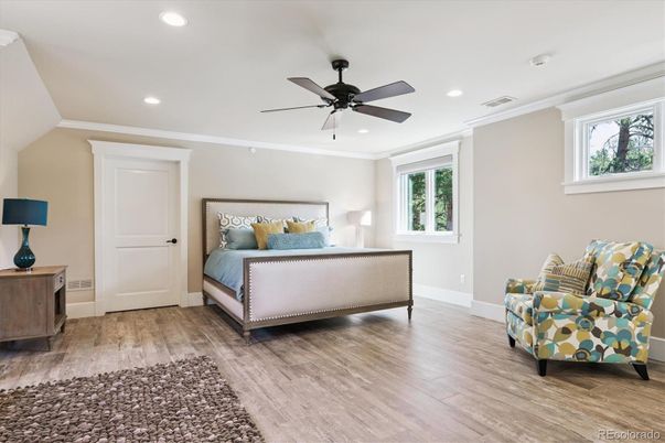 Bedroom, Interior, Recessed Lighting, Wood Texture Flooring