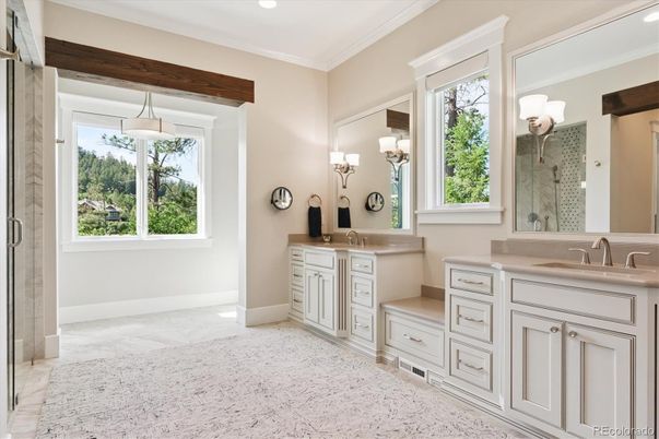 Bathroom, Dual Sink Vanities, Interior, Pendant Lights, Recessed Lighting