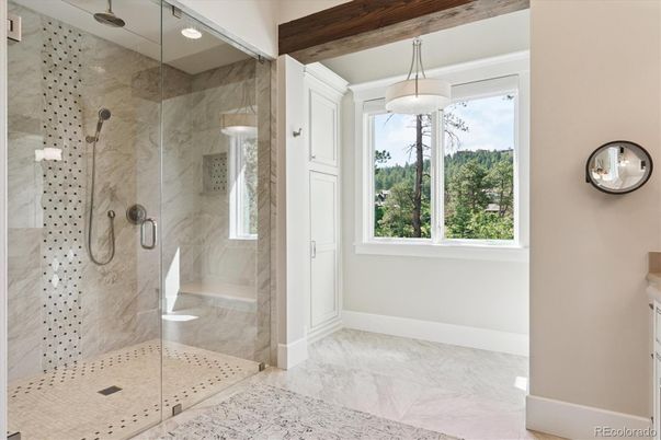 Bathroom, Glass Shower, Interior, Marble, Marble Walls, Pendant Lights, Recessed Lighting, Wooden Beams