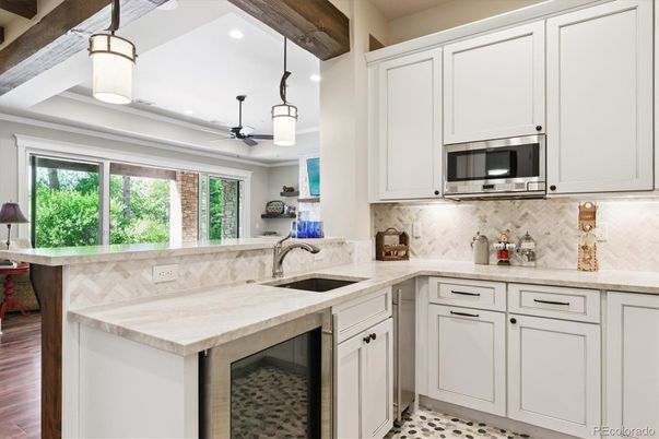 Interior, Kitchen, Pendant Lights, Recessed Lighting, Wooden Beams, Wood Texture Flooring