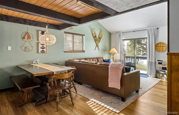 Dining room, Interior, Living room, Pendant Lights, Wooden Beams, Wooden Ceilings, Wood Texture Flooring