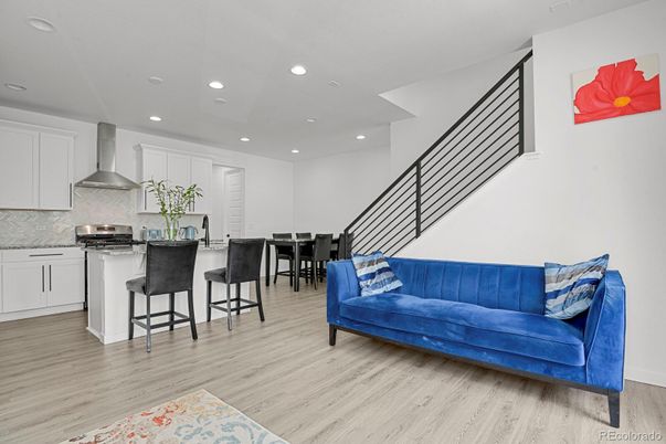 Dining room, Interior, Kitchen, Recessed Lighting, Stainless Steel Appliances, Wood Texture Flooring