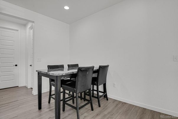 Dining room, Interior, Recessed Lighting, Wood Texture Flooring
