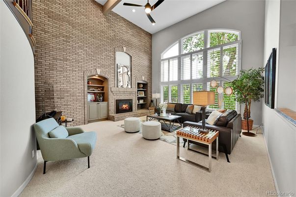 Fireplace, Interior, Living room, Recessed Lighting, Stone Walls