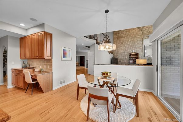 Dining room, Interior, Pendant Lights, Recessed Lighting, Stone Walls, Wood Texture Flooring