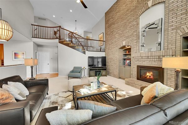 Fireplace, Interior, Living room, Pendant Lights, Recessed Lighting, Stone Walls