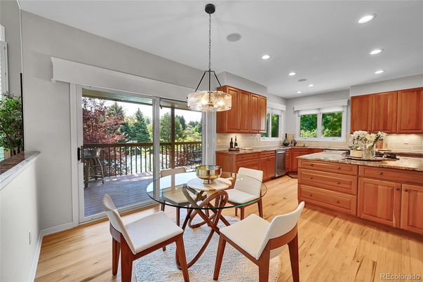 Dining room, Interior, Kitchen, Pendant Lights, Recessed Lighting, Wood Texture Flooring