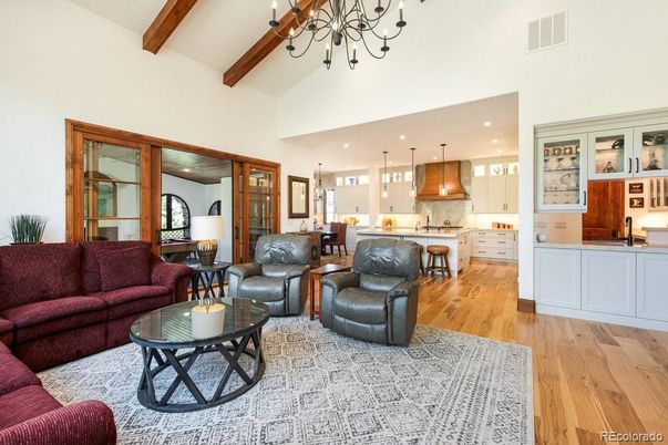 Interior, Kitchen, Living room, Pendant Lights, Recessed Lighting, Wooden Beams, Wood Texture Flooring