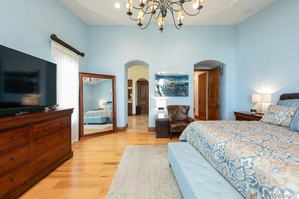 Bedroom, Chandelier, Interior, Wood Texture Flooring