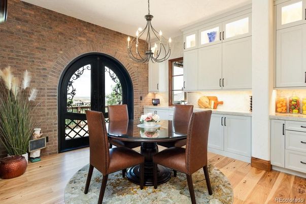 Chandelier, Dining room, Interior, Pendant Lights, Stone Walls, Wood Texture Flooring