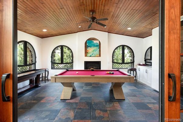 Billiard Table, Fireplace, Game Room, Interior, Recessed Lighting, Wooden Ceilings