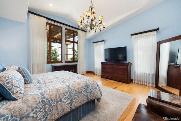 Bedroom, Chandelier, Interior, Recessed Lighting, Wood Texture Flooring