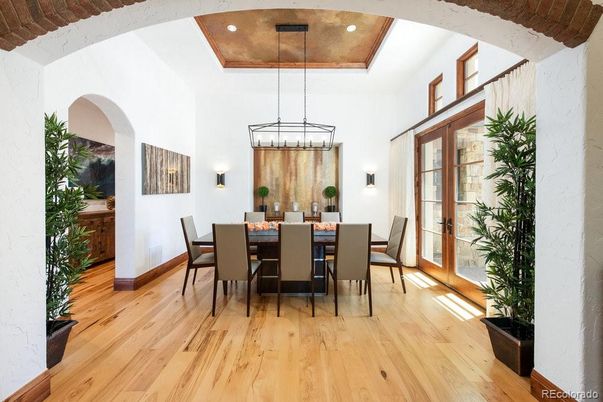 Dining room, Interior, Pendant Lights, Recessed Lighting, Wood Texture Flooring