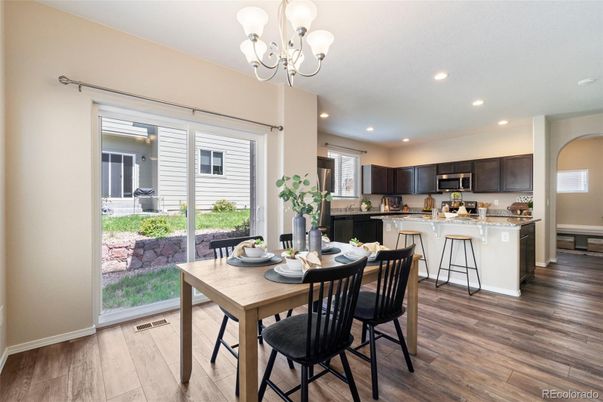 Chandelier, Dining room, Interior, Kitchen, Recessed Lighting, Wood Texture Flooring