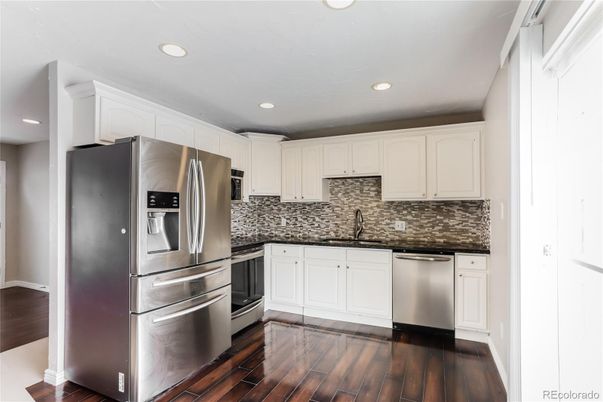 Interior, Kitchen, Recessed Lighting, Stainless Steel Appliances, Wood Texture Flooring