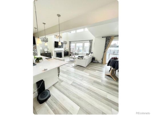 Fireplace, Interior, Living room, Pendant Lights, Wood Texture Flooring