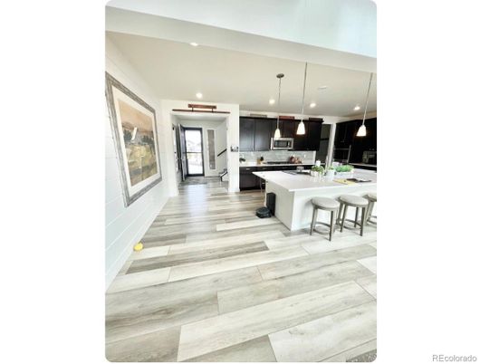 Interior, Kitchen, Pendant Lights, Recessed Lighting, Wood Texture Flooring