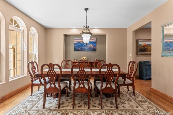 Dining room, Interior, Pendant Lights, Recessed Lighting, Wood Texture Flooring