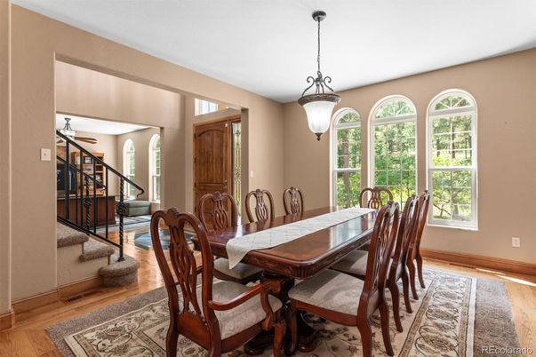 Dining room, Interior, Pendant Lights, Wood Texture Flooring
