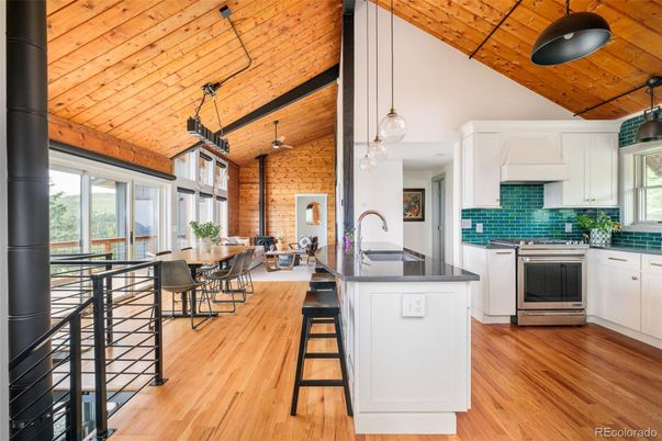 Dining room, Interior, Kitchen, Pendant Lights, Stone Walls, Wooden Ceilings, Wood Texture Flooring