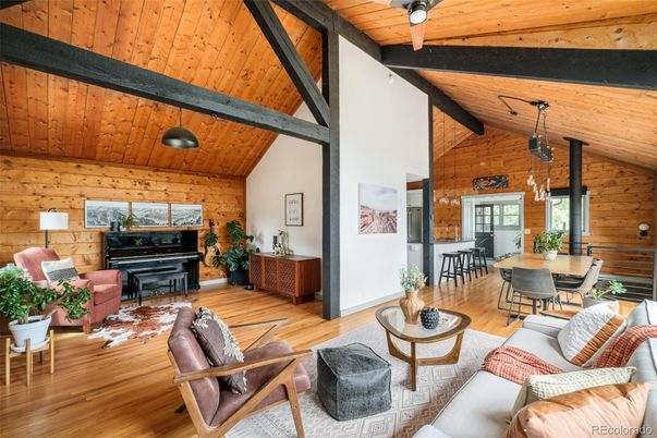 Dining room, Interior, Living room, Pendant Lights, Piano, Wooden Beams, Wooden Ceilings, Wood Texture Flooring, Wooden Walls