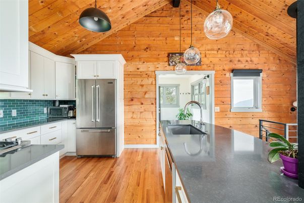 Interior, Kitchen, Pendant Lights, Stainless Steel Appliances, Wooden Ceilings, Wood Texture Flooring, Wooden Walls