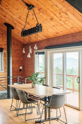 Dining room, Interior, Pendant Lights, Wooden Ceilings, Wood Texture Flooring, Wooden Walls