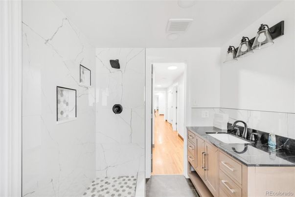 Bathroom, Glass Shower, Interior, Marble Walls, Recessed Lighting