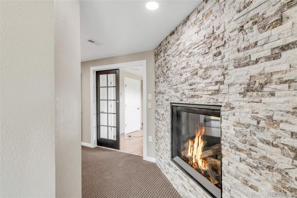Fireplace, Interior, Recessed Lighting, Stone Walls