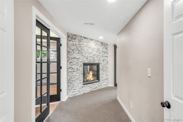 Fireplace, Interior, Recessed Lighting, Stone Walls