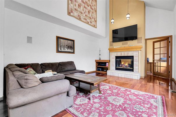 Fireplace, Interior, Living room, Pendant Lights, Wood Texture Flooring