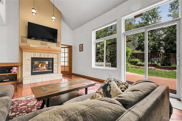 Fireplace, Interior, Living room, Pendant Lights, Wood Texture Flooring