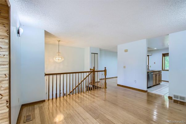 Chandelier, Empty room, Interior, Kitchen, Wood Texture Flooring