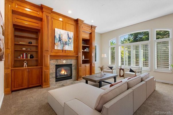 Fireplace, Interior, Living room, Recessed Lighting, Wooden Walls